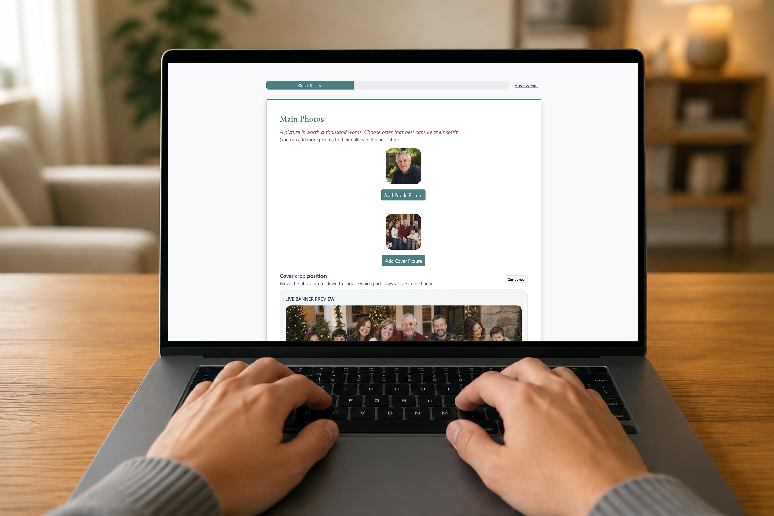 Creating a Digimorial digital memorial page on a laptop at home
