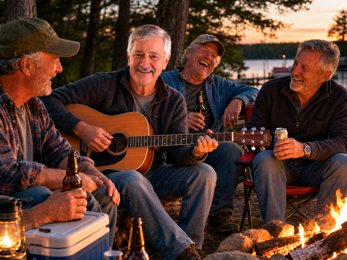 James playing guitar with friends by the fire