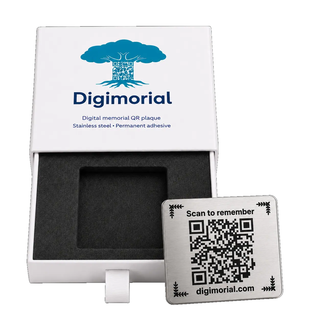 Digimorial QR memorial plaque beside its open presentation box
