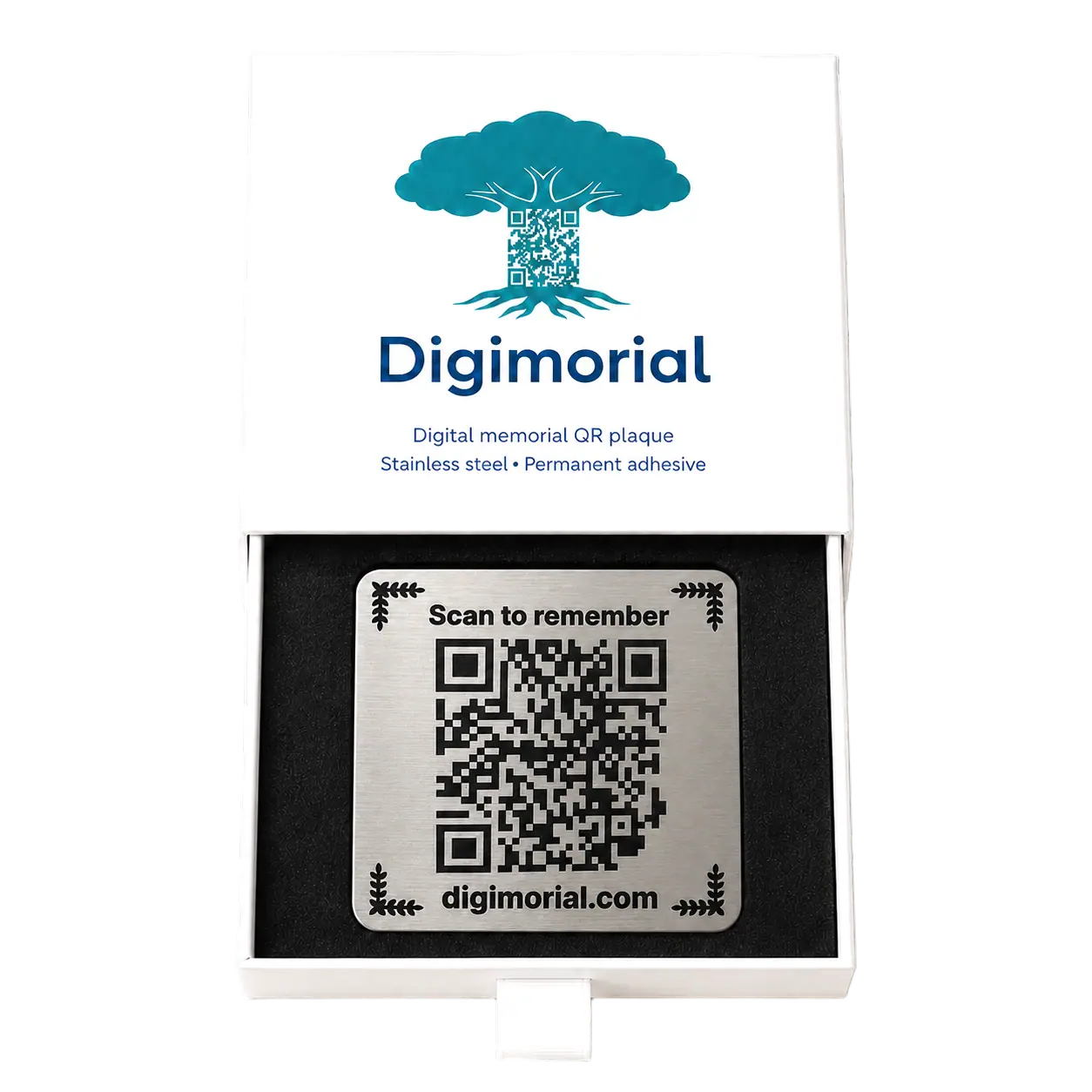 Digimorial QR memorial plaque displayed inside its presentation box