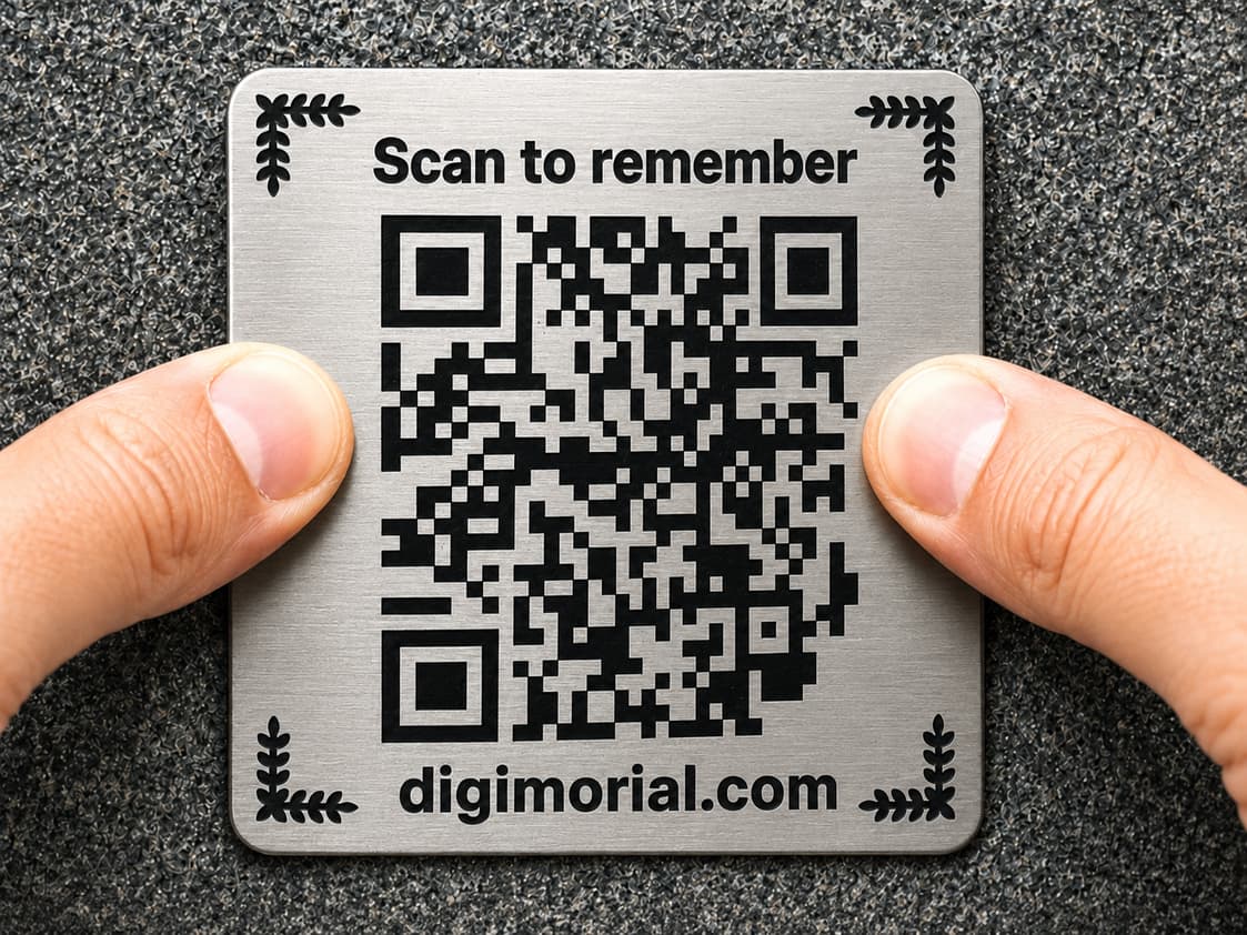 Digimorial stainless steel QR memorial plaque being attached to a memorial surface