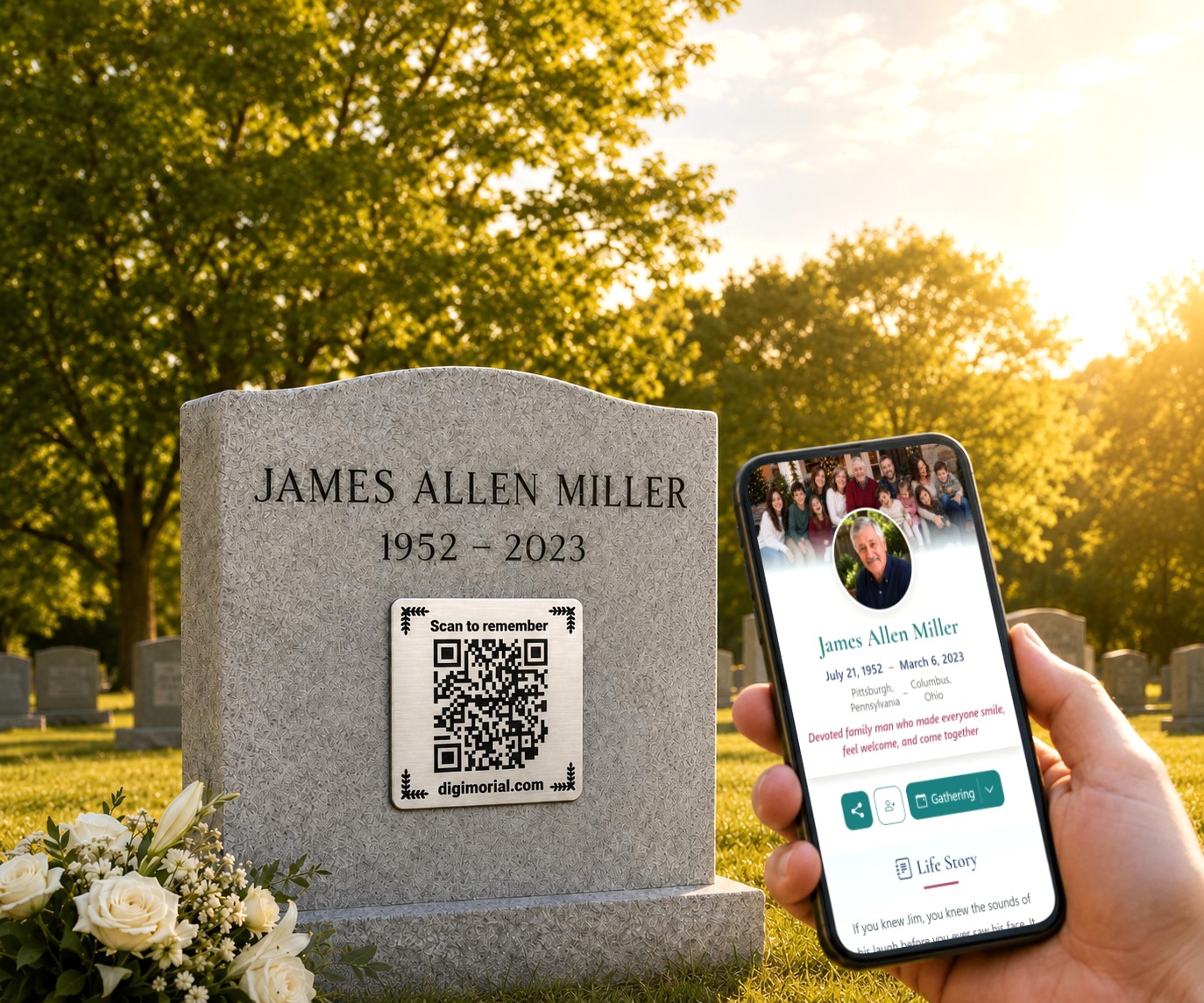 QR memorial plaque on a headstone beside a phone displaying a digital memorial